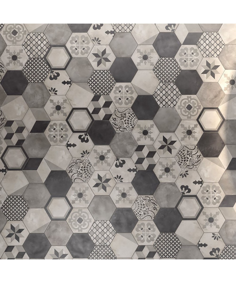 Carrelage Terra imitation carreaux de ciment hexagonaux gris, anthracite et noir